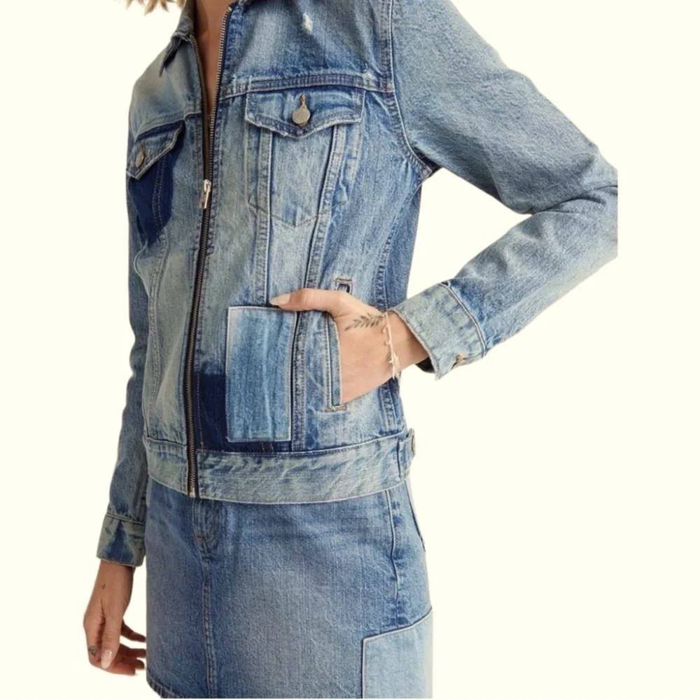 Lucky Brand Patchwork Tommy Trucker Denim Jacket Jean Jacket Zip Front Blue S